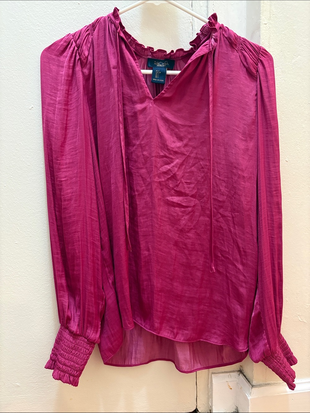 RACHEL Rachel Roy Fuchsia Tie-Neck Long-Sleeve Blouse Size Small